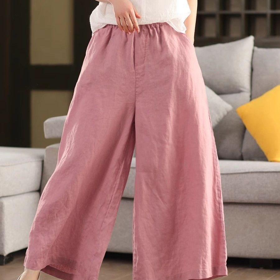 Pantalones Anchos de Lino Vintage para Mujer Cintura Elástica Color Sólido Pantalones Primavera Sueltos Casuales Largos Femeninos
