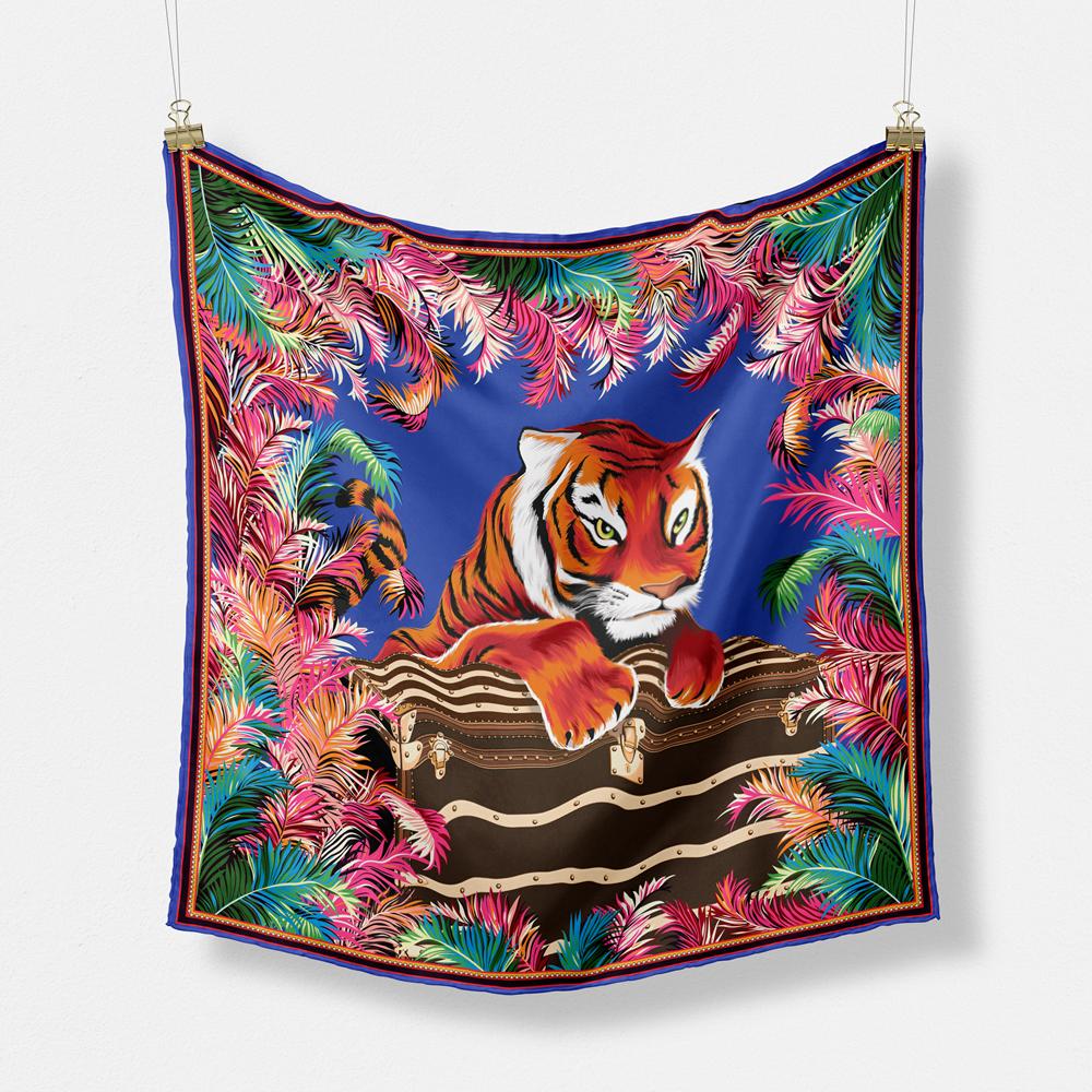 Twill Silk Scarf Woman Giraffe Painting Square Scarves Wraps Bandana Small Hijab Silk Foulards Tie Headband Neckerchief 53CM