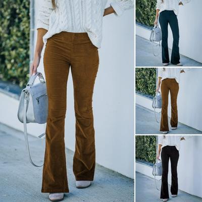 Women Pants Elastic High Waist Solid Color Flared Pants with Pockets Corduroy Leisure Work Travel Party Trousers