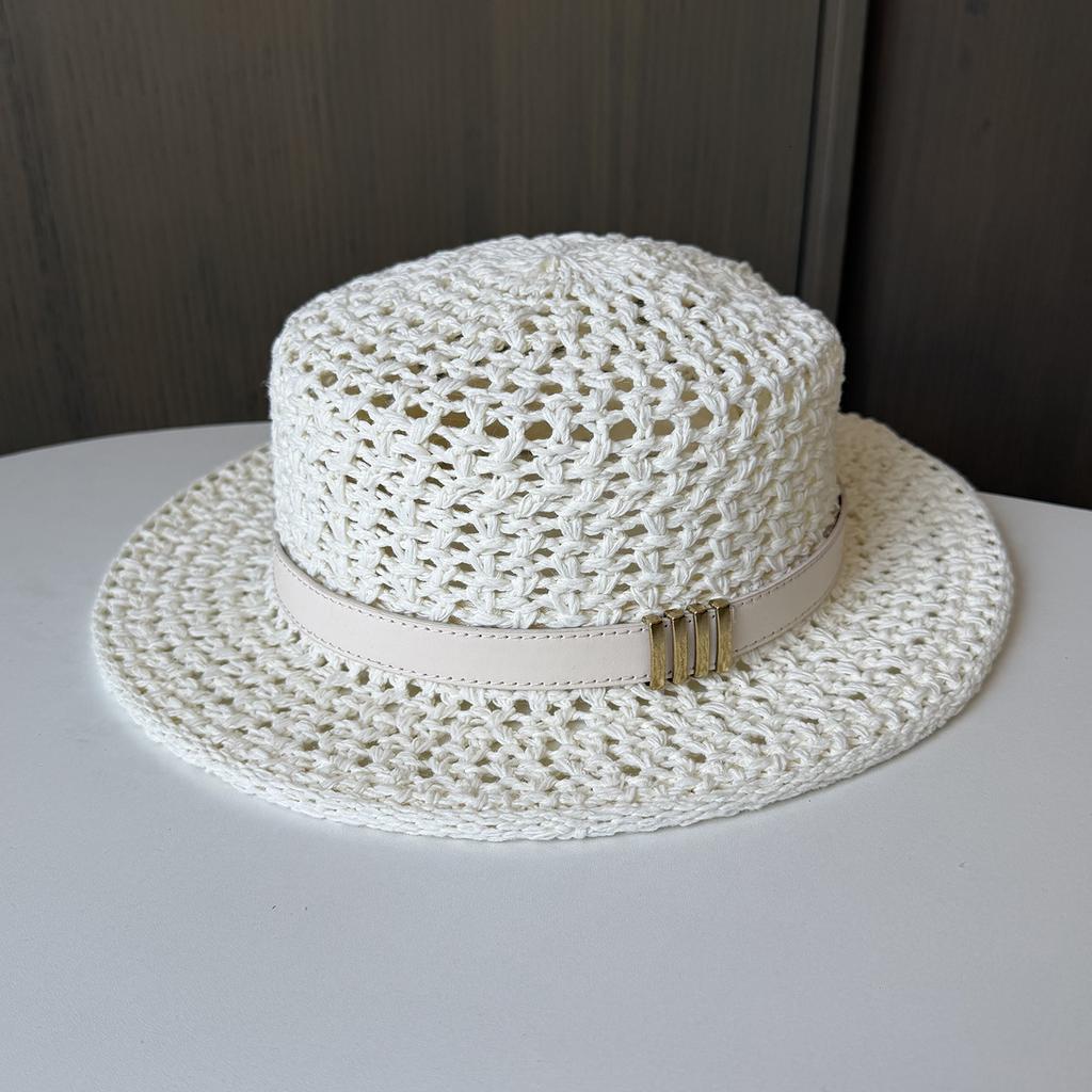 New Flat Top Jazz Top Hat Retro Old Money Wind Belt Buckle Straw Hat Women's Summer Seaside Vacation Sun Hat