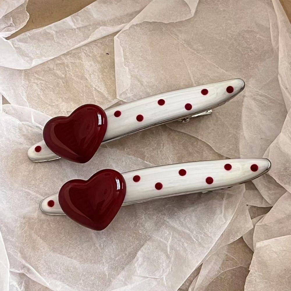 2 PCS Red Heart Bangs Duckbill Hair Clips Polka Dot and White Wave Point Hair Accessories  For Girls