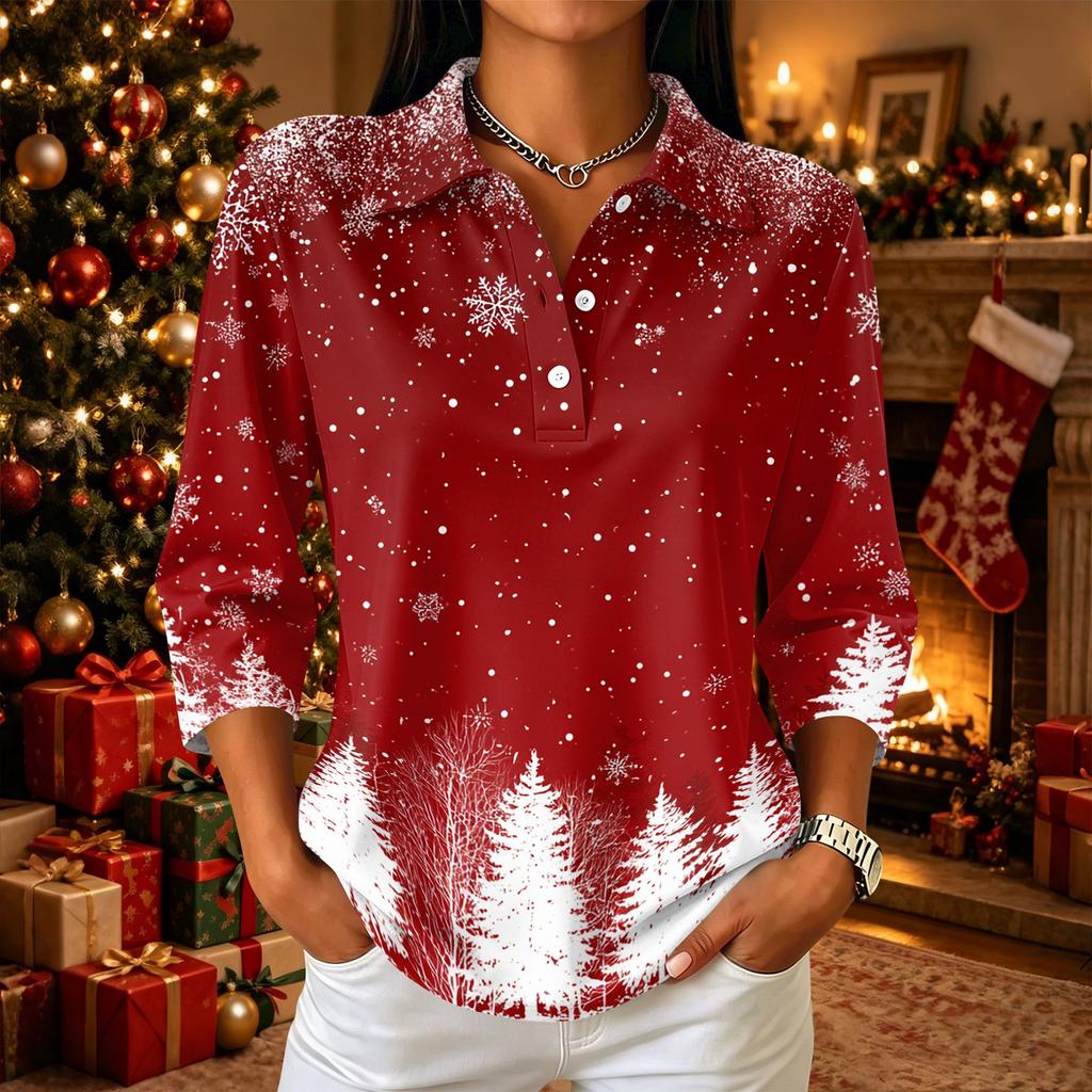 Women's Casual Christmas Print Button Front 3/4 Sleeve Collar Top