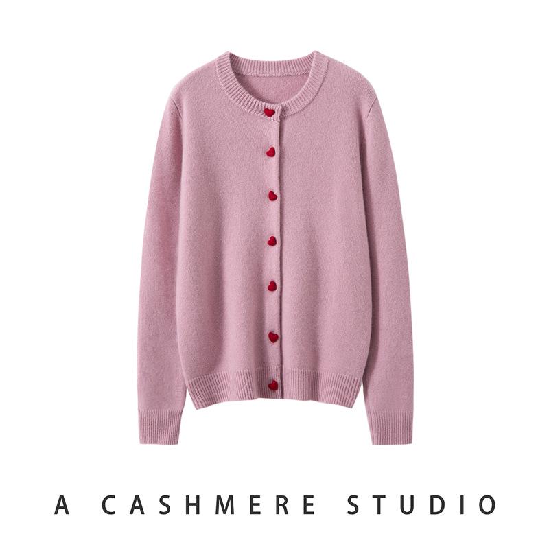 Heart Button Cashmere Round Neck Knit Cardigan - Autumn/Winter Collection