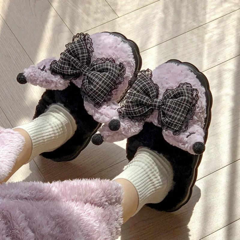 New Pattern Women's Plush Slippers Women Bow Warm and Soft Slipper Women Thick Winter Indoor Cotton Shoes Women Toe Wrap Slipper