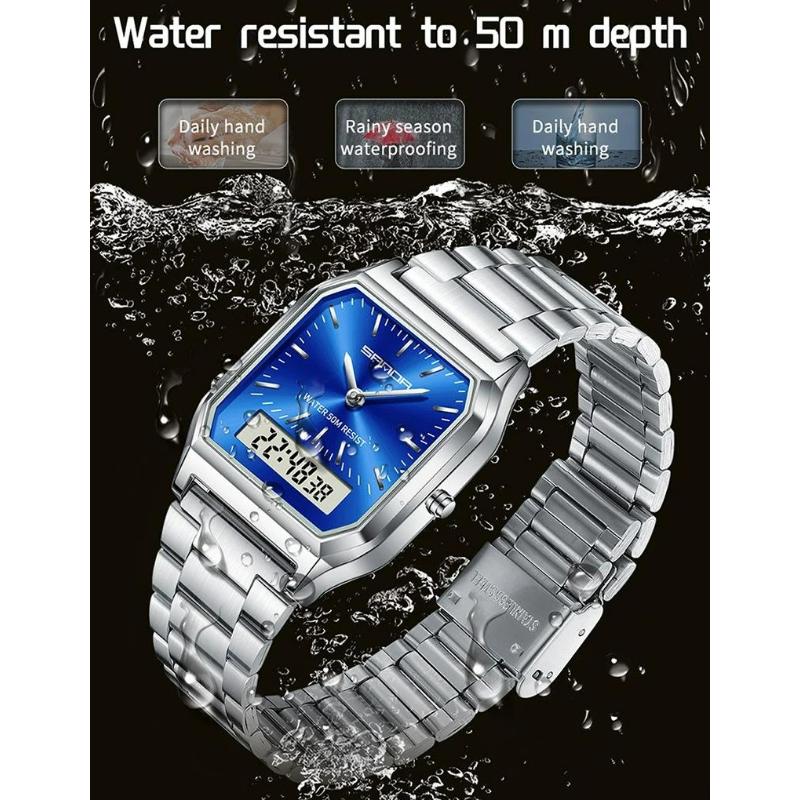 SANDA Neutral Dual Display Clock Waterproof Sports Quartz Watch Luxury Women's Stainless Steel Digital Electronic Watch