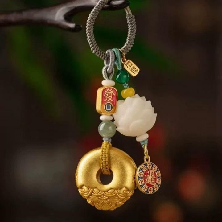 Creative Lucky Gourd Koi Keychain Sand Gold Pendant Safety Compass Charms Car Key Ring Bag Phone Accessories For Men Women