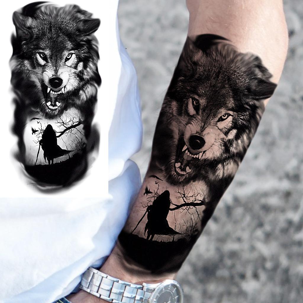 1 Sheet Lion Wolf Skeleton Nun Tiger Black Temporary Tattoos For Men Adult Leg Arm Compass Flower Fake Tattoo Sticker Waterproof