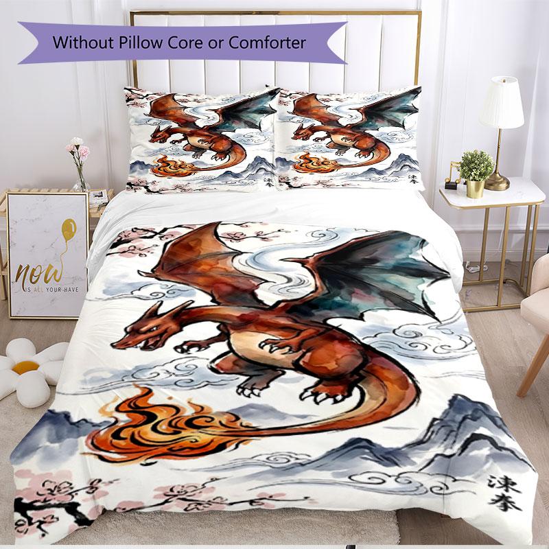 3pcs Duvet Cover Set (1*Duvet Cover + 2*Pillowcase, Without Core), Charizard VS Blastoise Print Soft All‑Season Bedding Set, Home Bedroom Decor Gift