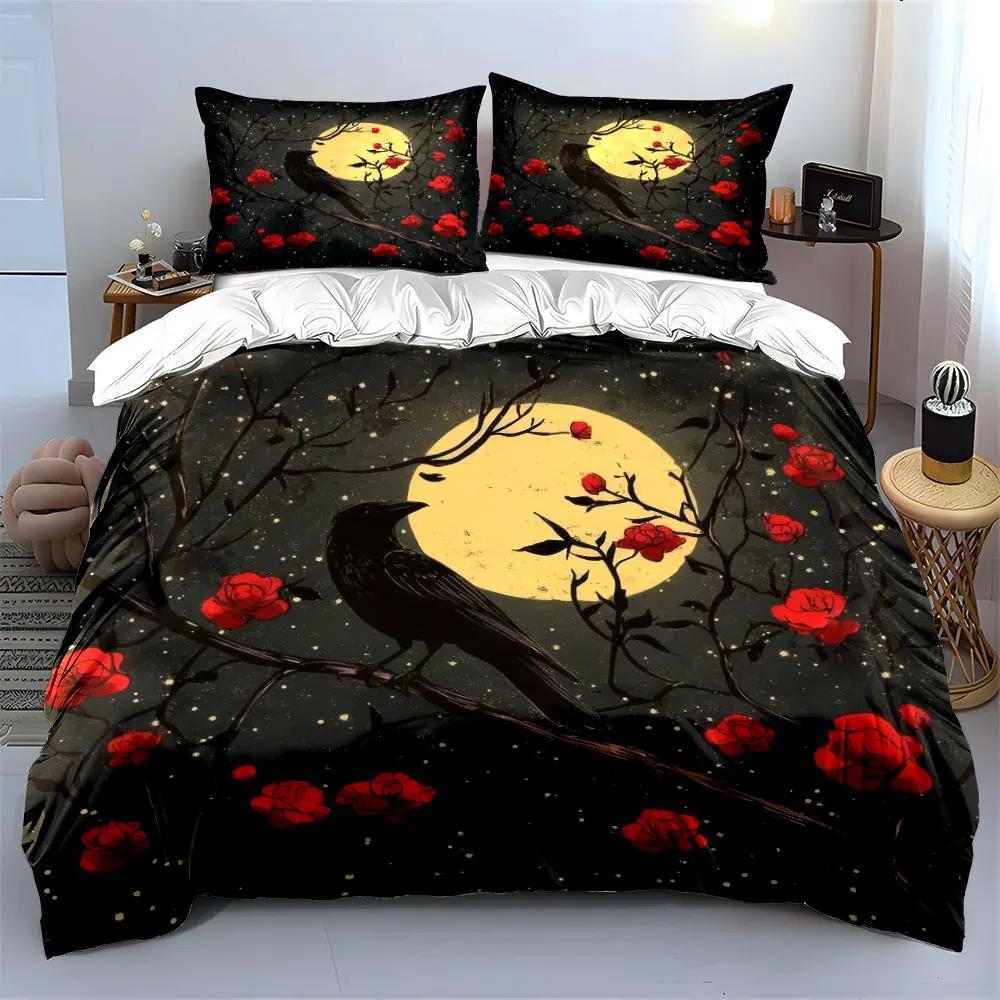 "Moonlight Raven Floral Art Set" Soft Comfortable Duvet Cover Bedding Set Included 1*Duvet Cover & 2*Pillowcases, gift