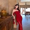 Burgundy Premium Mesh Streamer Slim Pleated Design Asymmetrical Fishtail Long Dress Sexy Dress
