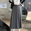 Women's Pleated A-Line Long Skirt, High Waist, Slim, Academy Style, Gray or Black, Autumn