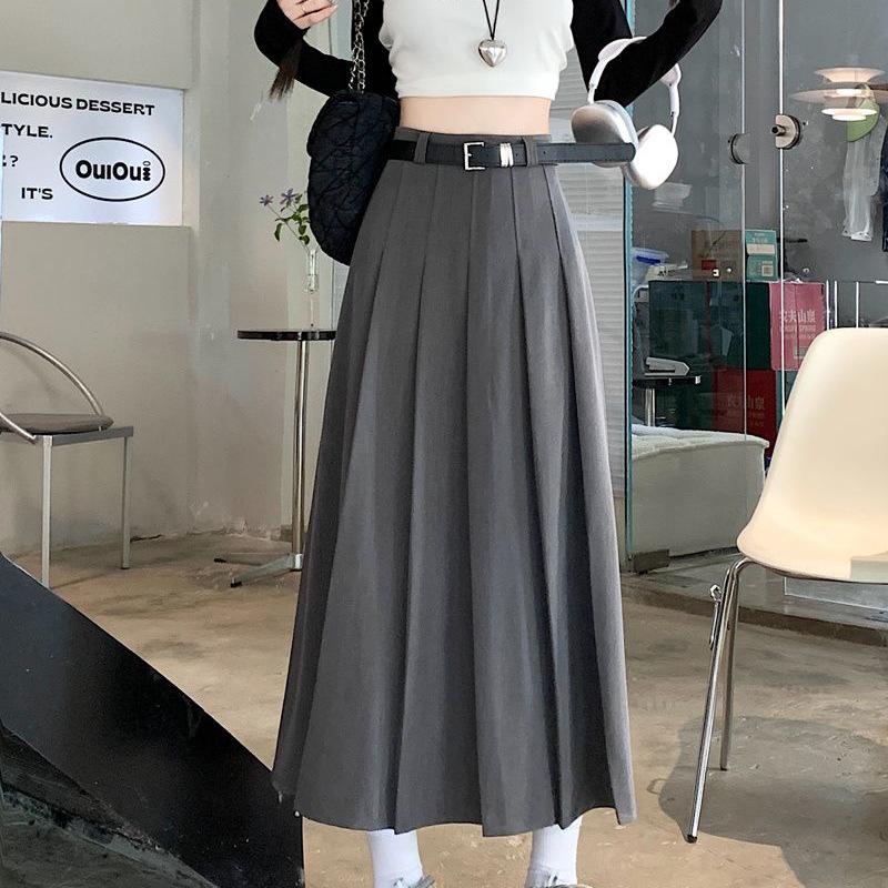 Women's Pleated A-Line Long Skirt, High Waist, Slim, Academy Style, Gray or Black, Autumn