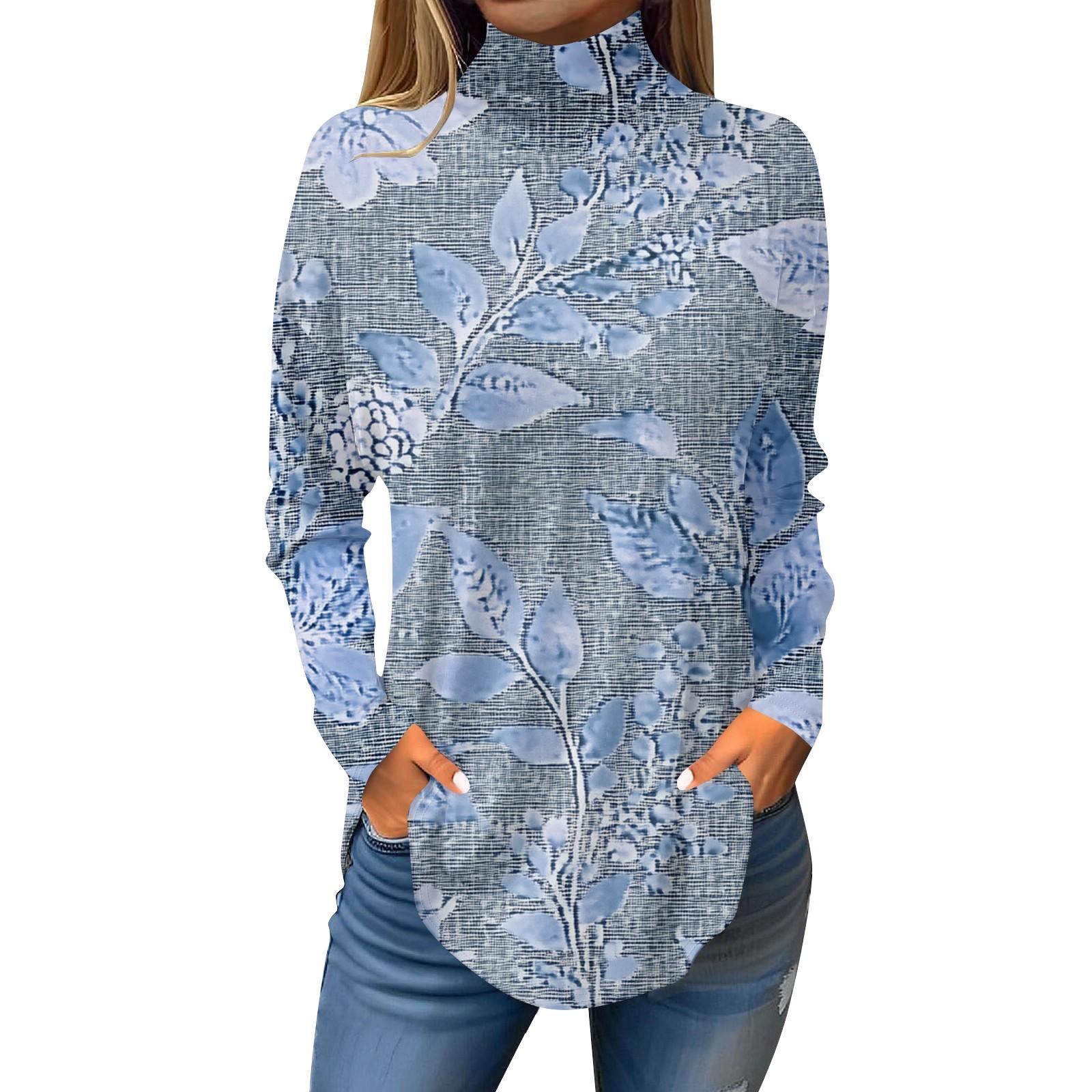 

Tee Shirts For Women Fall Casual Long Sleeve Shirts Sweatshirt Vintage Printed High Neck Top Pullover XL небо синє кольору