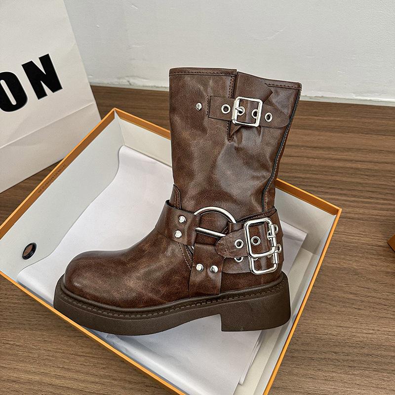 

Fashion leather boots versatile casual retro western cowboy short boots summer British style niche design Martin boots leather boots 40