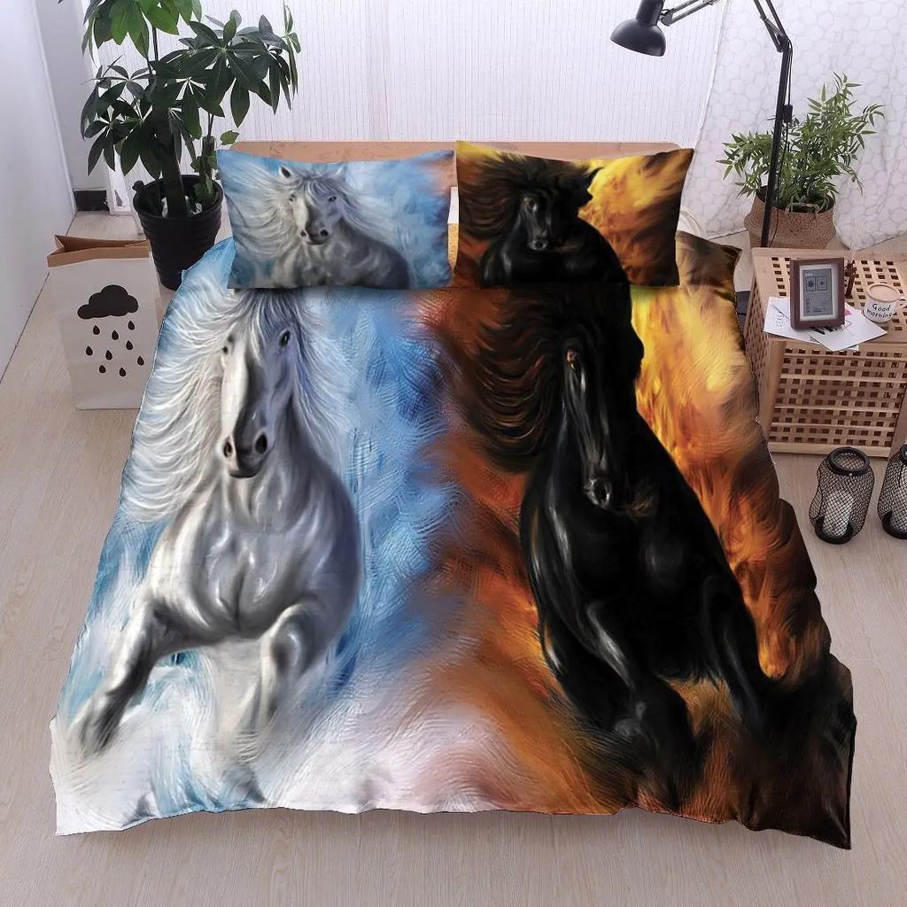 Ice And Fire Riding Horse Duvet Cover Set King SizeFlame Horsing Bedding SetWestern Cowboy Exotic Farmhouse Comforter Cover