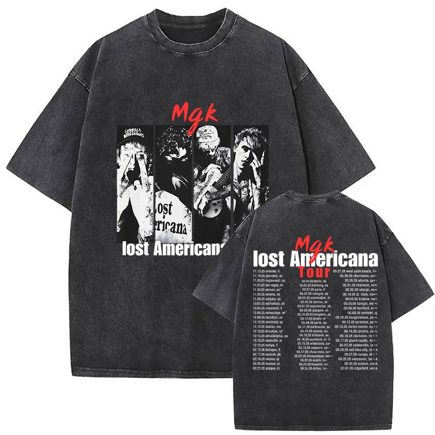 Vintage Washed MGK Lost Americana Tour  Print Tshirt Men Women Harajuku High Quality Fashion Oversized  T Shirts