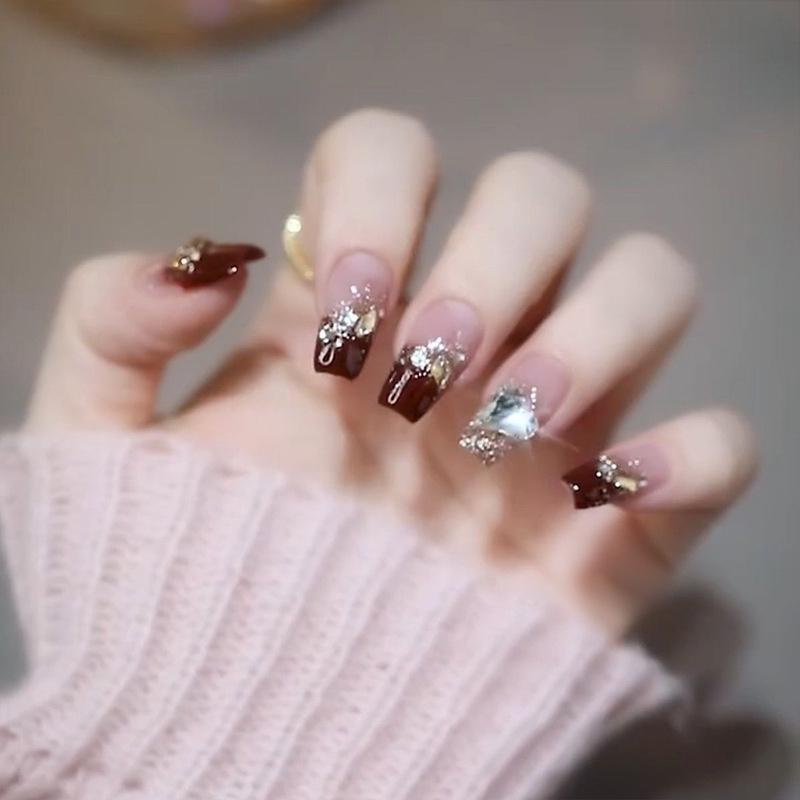 

Sparkly Burgundy Rhinestone French Tip Nail Stickers: Removable Handmade Wearable Art