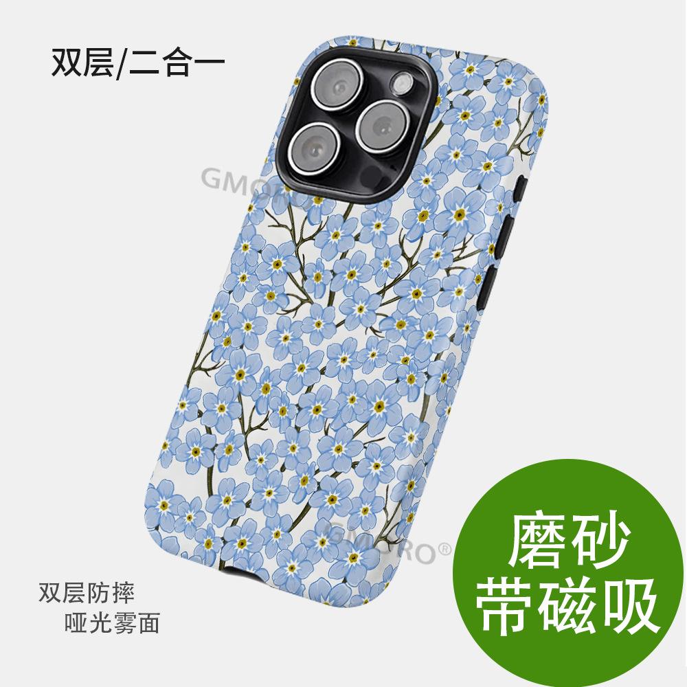 Foreign Trade for Blue Floral Magnetic Mobile Phone Shell iPhone Full Series To Map Processing Apple 17PM Protective Cover