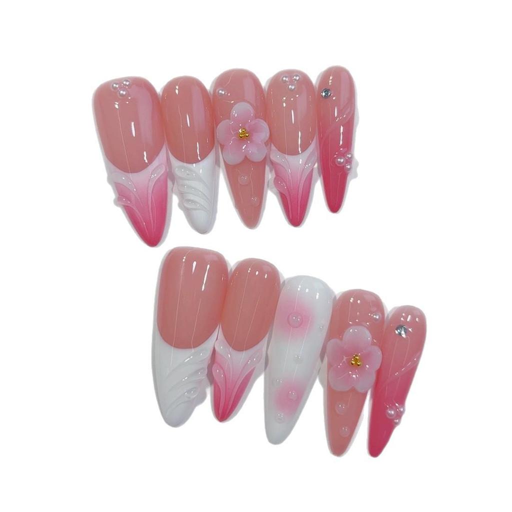 Pure Handmade 3D Gradient Pink Pearl Almond Nails - European & American Style