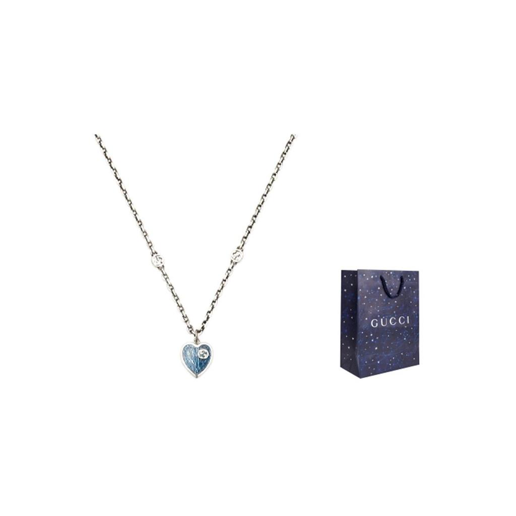 Gucci Epilogue Serie Ineinandergreifendes Doppel-G Emaille-Herz Halskette Damen Halskette Silber Blau 645545-J89B4-8490