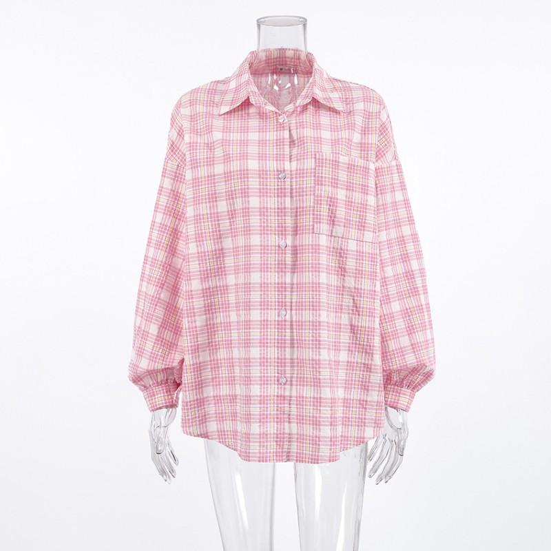 Womens Oversized Pink Plaid Shirt Loose Long Sleeve Button-Up Top Casual Streetwear