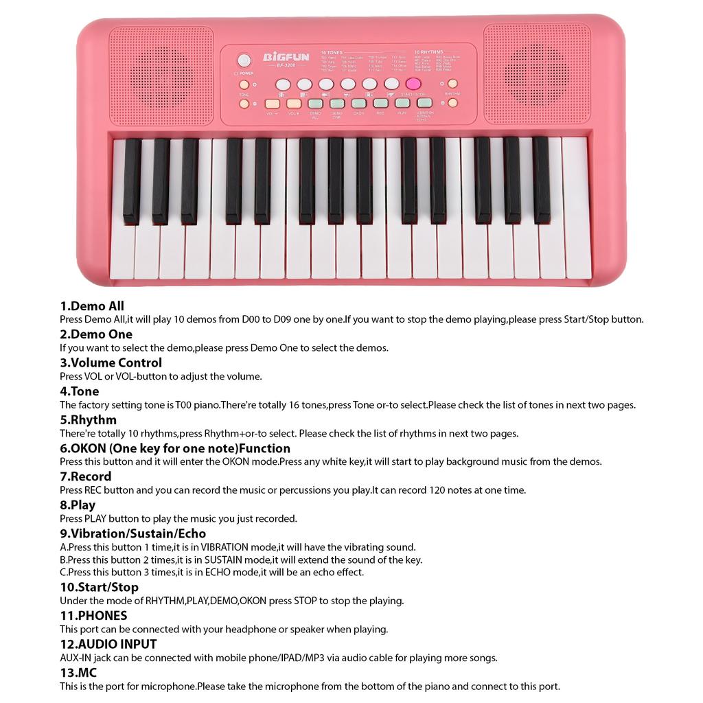 32 Key Electronic Keyboard Piano 16 Tones 10 Rhythms 10 Demos Dual Speaker Musical Instrument with Microphone Dual Power Mode