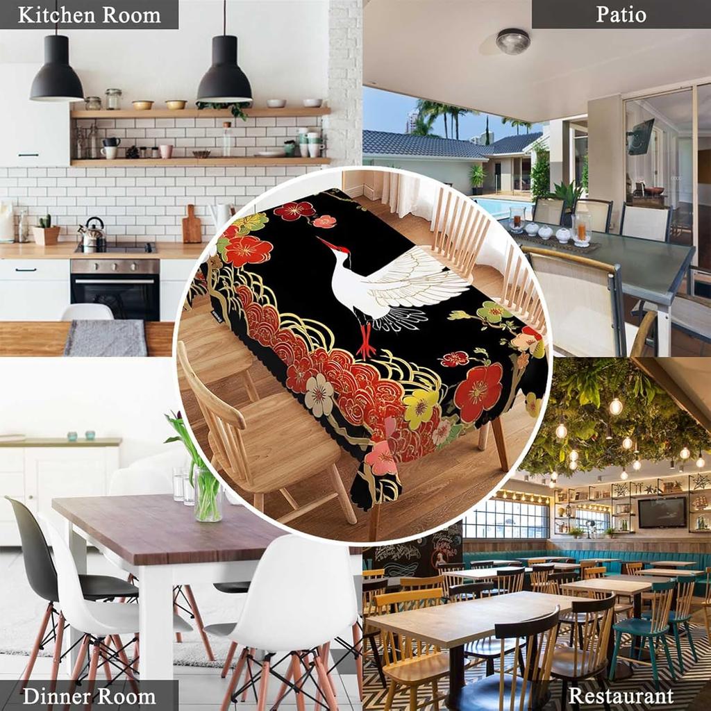 Asian Oriental Heron Bird Floral Rectangle Tablecloth for Table Decor Reusable Kitchen Dining Tablecloth Holiday Party Decor