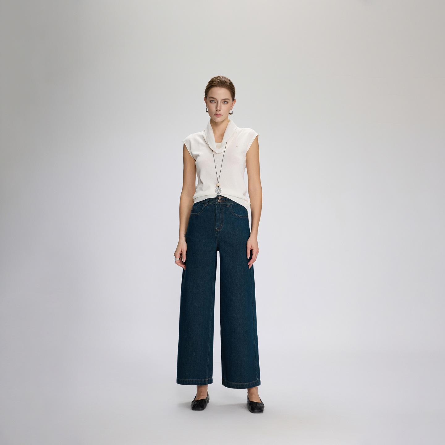 SELINE Shi Lin Women s Cropped Wide-Leg Jeans, Double Button, Loose Fit, 2026 Spring Collection, Flaw-Hiding Design Size 27 темно-синий