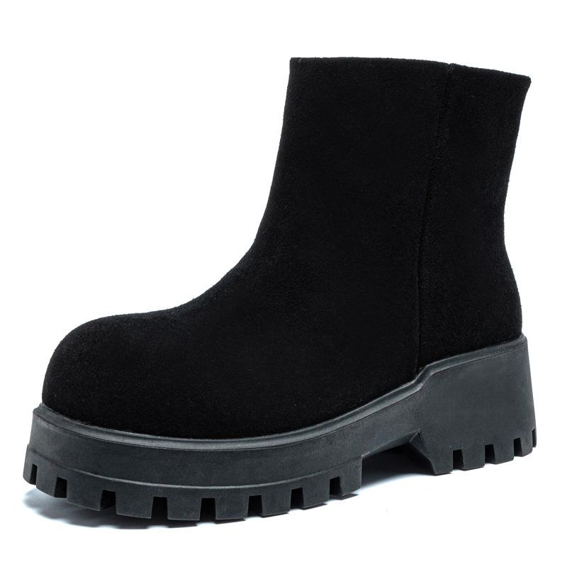 2025 autumn and winter new matte cowhide Martin boots women's thick-soled heightening rhubarb boots British style round head sleeve short boots