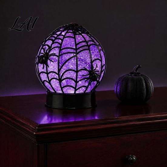 Spooky Party Glitter Ball Halloween Ghost Table Light Lamp, Glowing Spiderweb Faux Crystal Sphere