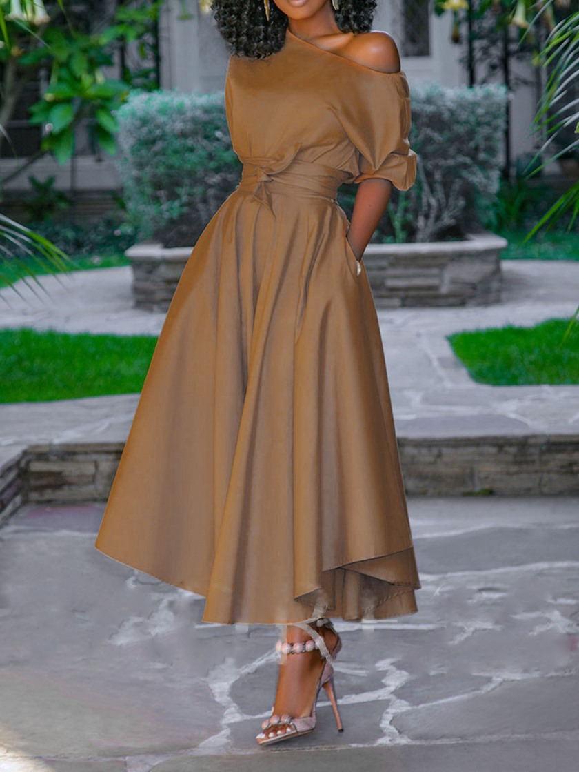 

Летнее сексуальное платье средней длины на одно плечо со шнуровкой 2019 года для женщин M коричневый