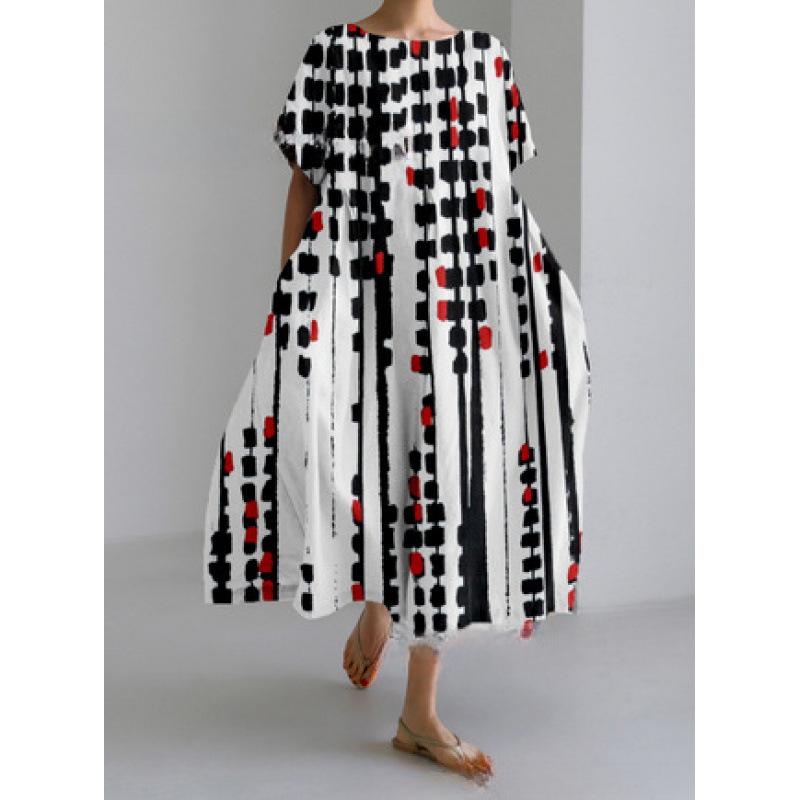 Damen Sommer Übergröße Gestreiftes Print Maxikleid, Lässiges Lockeres Rundhals Kurzarm Oversized A-Linien-Kleid