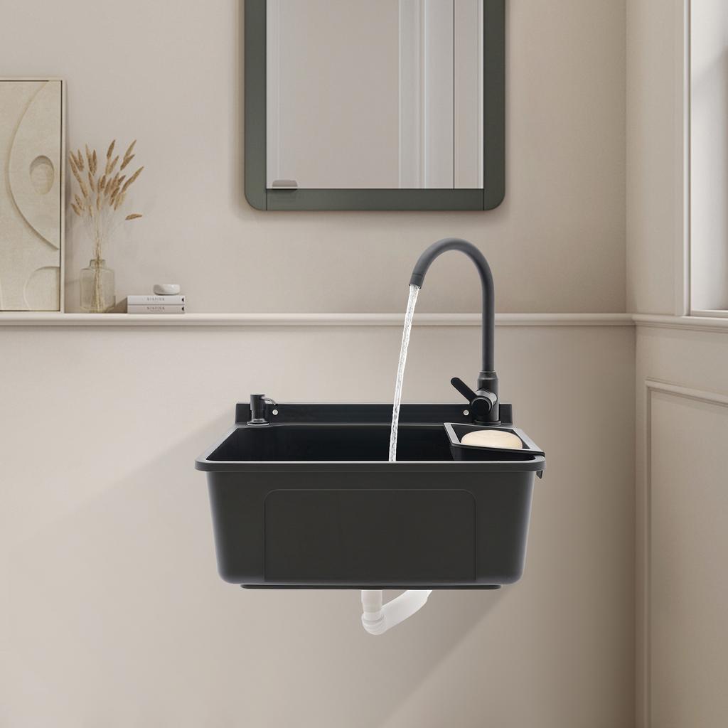 Wall-Mounted Sink, Black Small Basin, PP Utility Sink for Laundry Room, Garage, Kitchen, Modern Style Sink, 20.08x17.52x9.45in