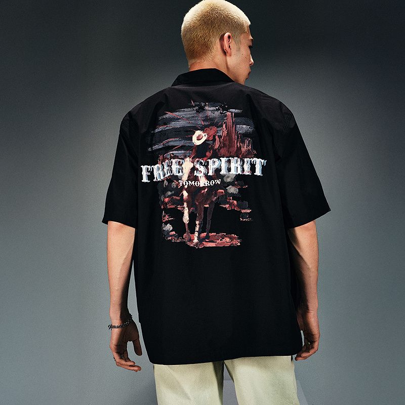 

HM Men s Clothing Shirts 2025 Summer New Back Print Lapel Loose American Short sleeve Shirt 1271805 Black 170/92(S)