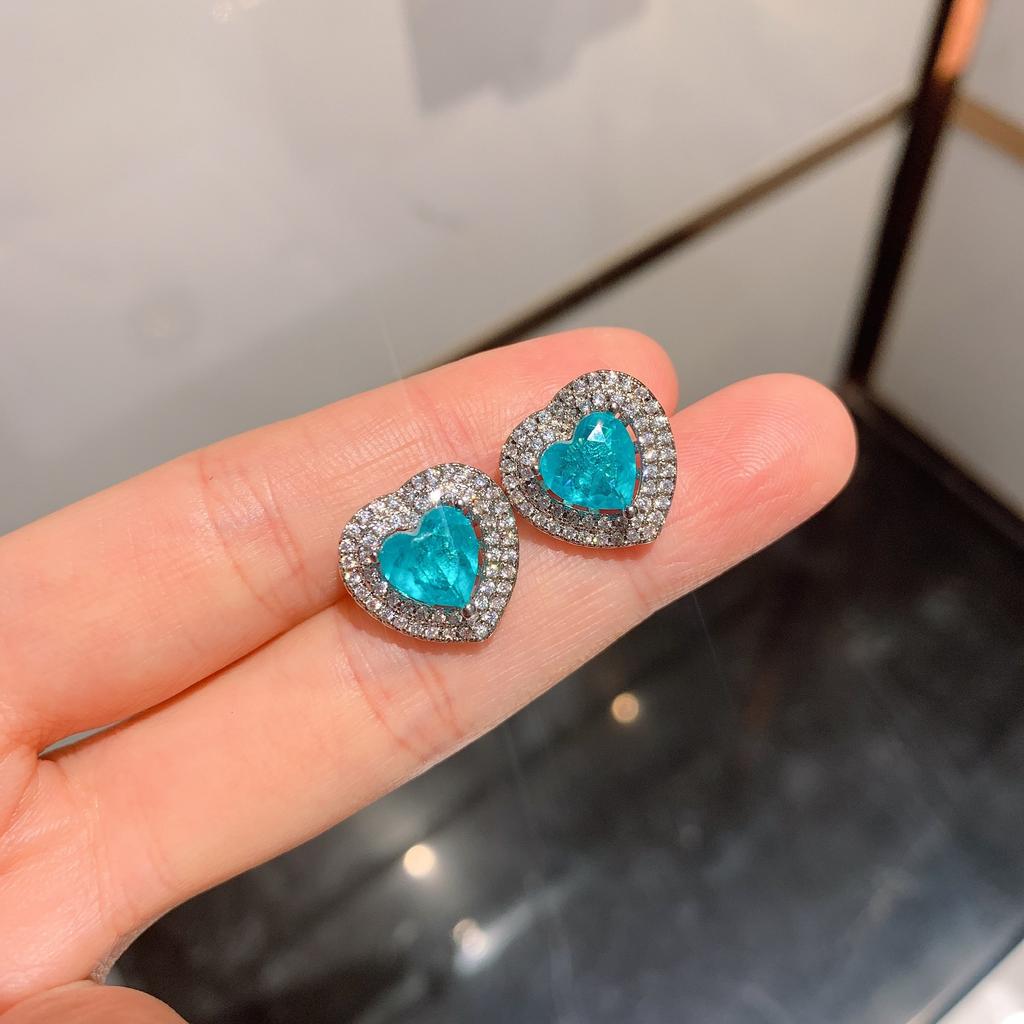 Bijoux Simulation Paraiba, Ensemble Bleu Paraiba en Forme de Cœur Boucles d'Oreilles Puces Pierre Principale 9 * 9 Pendentif 12 * 12