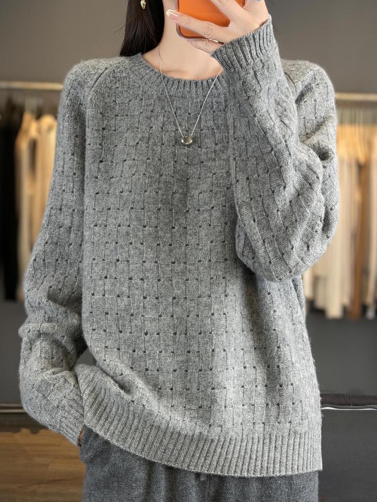 Women's Pure Wool Slimming Loose Fit Hollow Round Neck Sweater: Autumn/Winter Knit Pullover