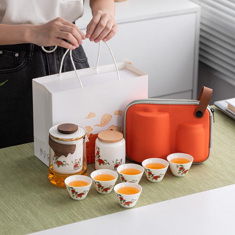 Persimmon Ruyi Suet Jade Kung Fu Travel Tea Set Outdoor Portable Set Gift Box Business Gifts