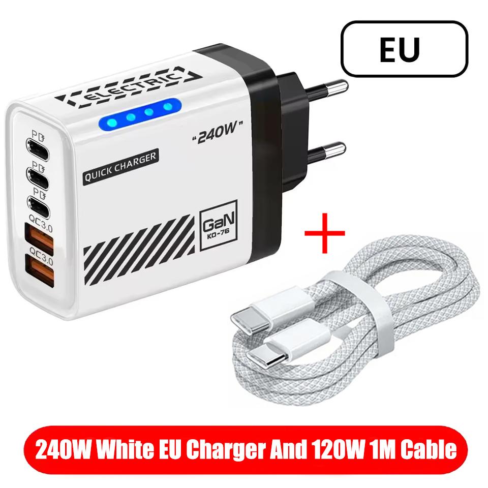 5 IN 1 GaN Desktop Charger For IPhone17 16Pro Laptop Samsung 240W Fast Charging Adapter USB C To Type-C Cable 3PD 2USB Charger