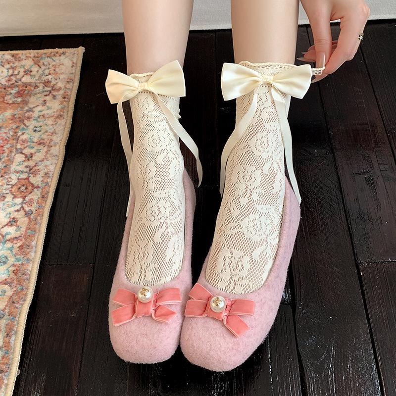 

Белые ажурные носки с бантом для женского лета, тонкие кружевные гольфы до середины икры в стиле Лолиты и балета 1 pair бежевый