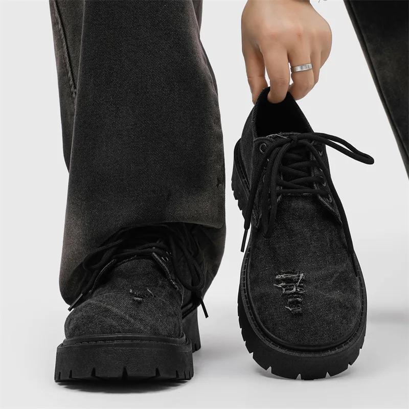 Leather Shoes for Men, Autumn New Style, Worn Denim Fabric Board Shoes, Fashionable Big Toe Thick Soled Casual Leather Shoes
