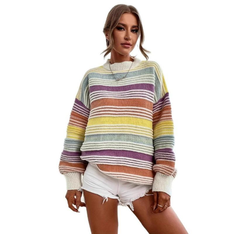 Women's Rainbow Striped Knit Sweater Crew Neck Long Sleeve Loose Oversized Pullover Casual Autumn Winter Jumper
