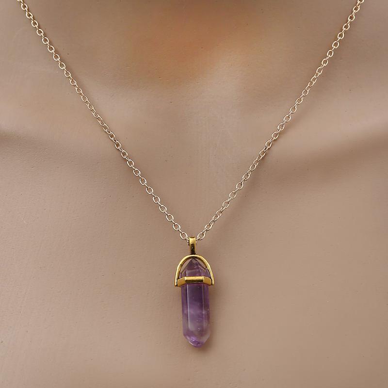 Fashion Quartz Crystal Necklace Chakra Rose Bule Purple Natural Stone Pendant Necklace Hexagonal Bullet Reiki Hippie Necklace