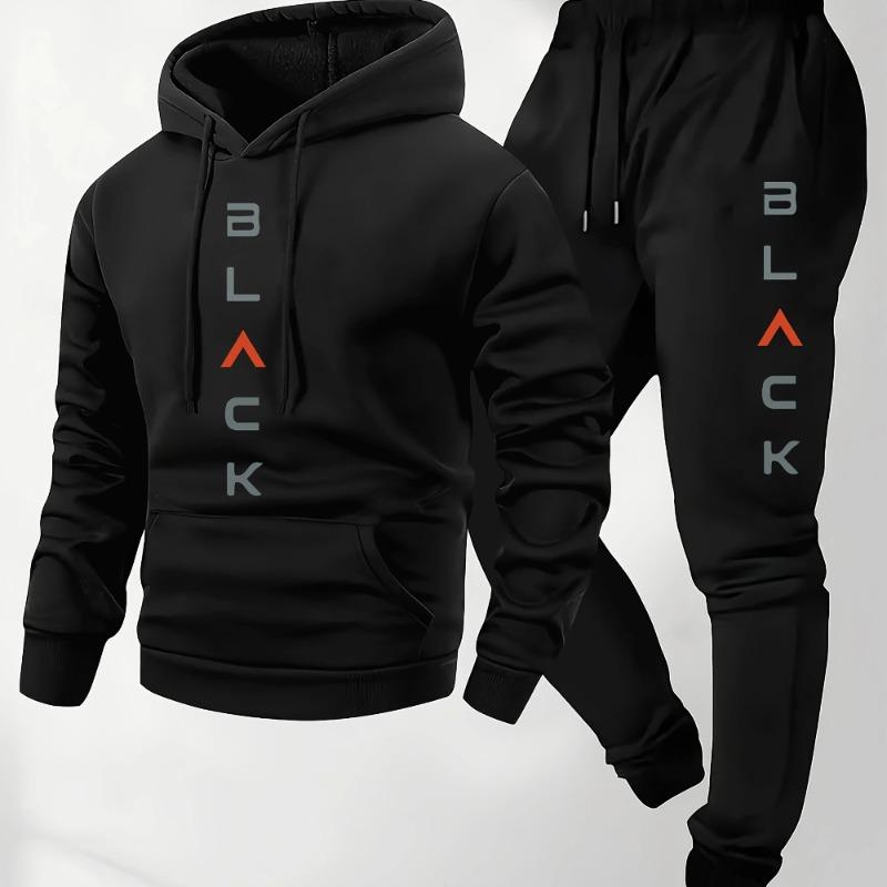 Men's Casual and Comfortable Set, Fashionable Letter Printed Hooded Sweatshirt and Casual Pants