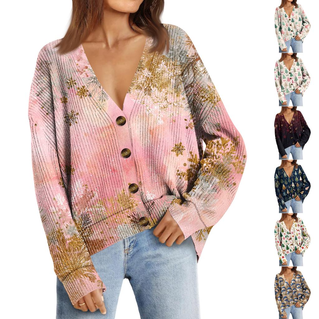 Women's Fashion Long Sleeve Print V-Neck Button Loose Cardigan Top