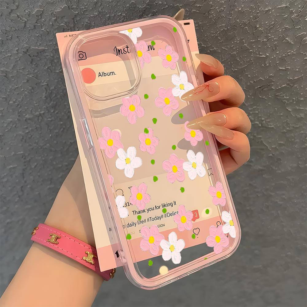 Oil Painting Pink Daisy Pattern Clear Phone Case For iPhone 17 Air 16 15 14 13 12 11 Pro Max Plus 2 in 1 Candy Color Soft Cover