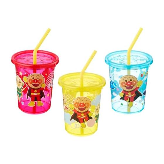 Rec Anpanman Straw Cup (Type A) 3 pieces / Capacity 270ml / 3 colors and 3 patterns set / Made in Japan / With lid / With straw / Commercially