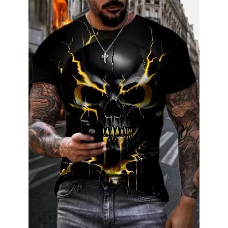 

Men s Summer Casual T-Shirt 3D Golden Lightning Skull Print Short Sleeve Streetwear S