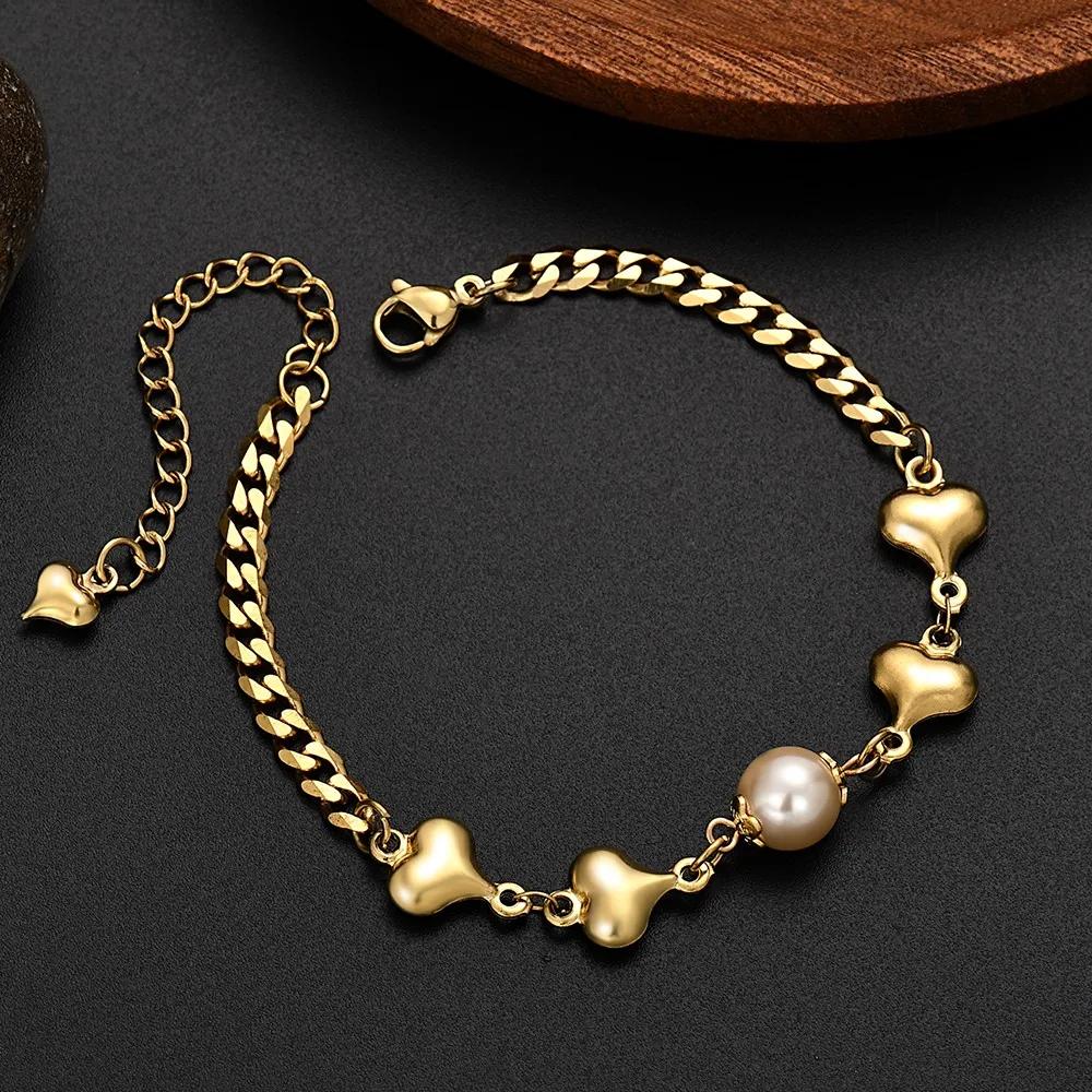 New Arrive 18K Gold   Copper Pearl Elegant Heart Bracelets for Women Jewelry Wedding Engagement Party Gifts 18+5cm