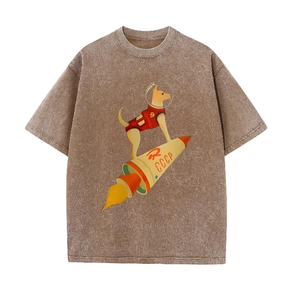 Vintage Washed Gray Tshirt CCCP Laika Space Dog Rocket Cartoon Print Loose Short Sleeve Retro Soviet S