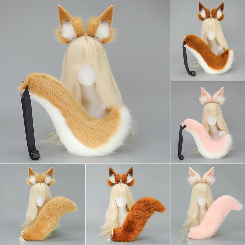 Yiran Sexy Lingerie Unisex Pink Furry Fox Ear Tail Anime Plush Cat Dog Ears Hairband Animal Tail Fluffy Cosplay Ears Tail Game Role Play